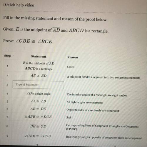 Given E is the midpoint of segment AD and ABCD is a rectangle 
Determine the missing step