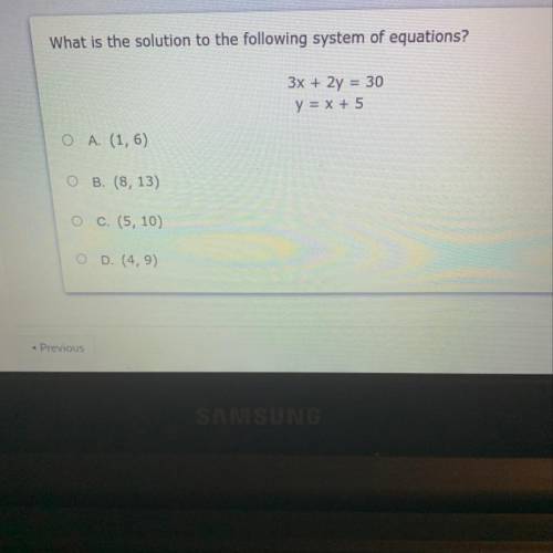 What is the solution to the following system of equations?
3x + 2y = 30
y = x + 5