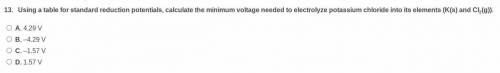 using a table of standard reduction potentials, calculate the minimum voltage needed to electrolyze