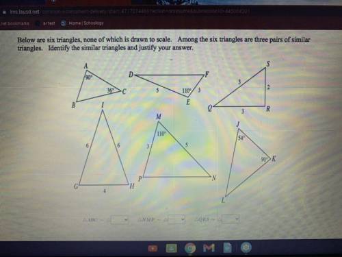 Below are six triangles, none of which is drawn to scale. Among the six triangles are three pairs o