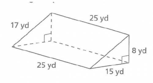 What is the surface area in yards squared of the triangular prism shown below?