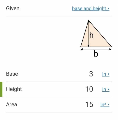 The area of a triangle is 15. The base is represented by 3. What is the height?