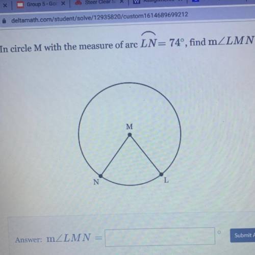 In circle M with the measure of arc LN= 74°, find m2LMN.