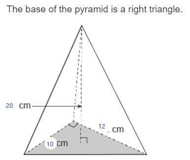 The base of the pyramid is a right triangle
The volume is ____ cubic cm.