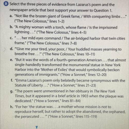Select the three pieces of evidence from Lazarus's poem and the

newspaper article that best suppo