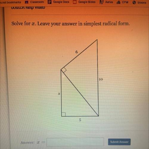 Solve for x. Leave your answer in simplest radical form