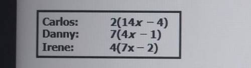 Mrs. Crosland asked students to factor the expression 28x - 8. The students offered the answers sho