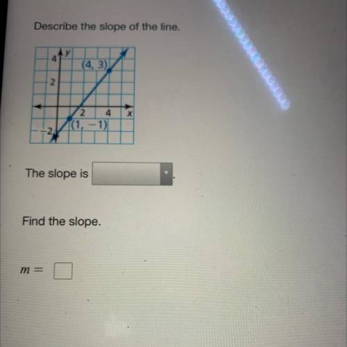 Describe the slope of the line.
The slope is
Find the slope.
m =
help please