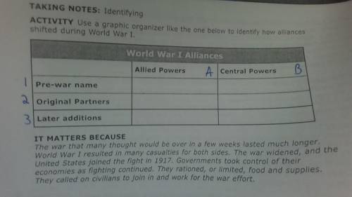 Use a graphic organizer like the one below to identify how alliances shifted during World War 1. Gr