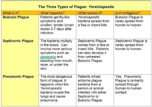 PLEASE HURRY!

Summarize the three types of plague presented in the chart. Discuss their causes, s