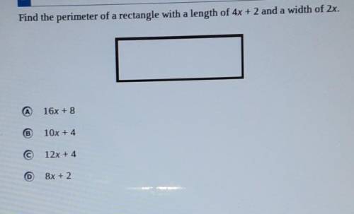 PLEASE HELP ASAP I WILL MARK BRAINLIEST!

Find the perimeter of a rectangle with a length of 4x +