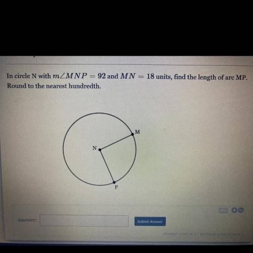 In circle N with mZMNP = 92 and MN = 18 units, find the length of arc MP.

Round to the nearest hu