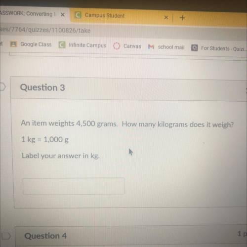 An item weighs 4500 g how many kilograms does it weigh￼. PLS HELP ASAP
