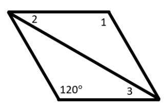 This is a rhombus. Using its properties, what is the measure of:

Angle 1: ___ degrees
Angle 2: __