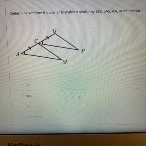 Determine whether the pair of triangles is similar by sss, sas, aa or not similar