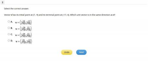 Vector v has its initial point at (7, -9) and its terminal point at (-17, 4). Which unit vector is