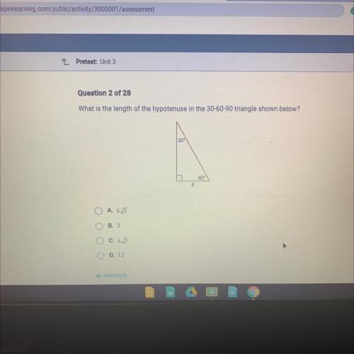 What is the length of the hypotenuse in the 30-60-90 triangle shown below?
30°
60°
6