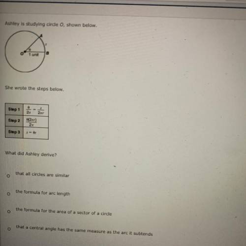 Ashley is studying cirlce O, shown below. She Wrote the steps below. What did ashley derive?