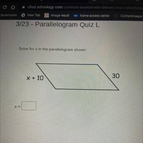 Solve for x in the parallelogram shown.
30
X + 10
x=