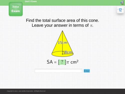 Find the total surface area of this cone leave your answer IN TERMS OF PI