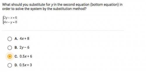 What should you substitute for y in the second equation (bottom equation) in order to solve the sys