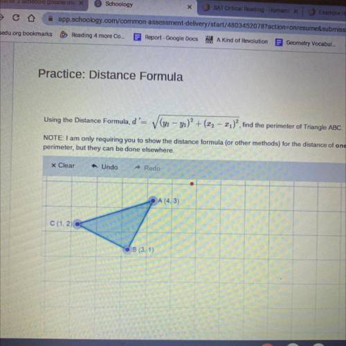 Practice: Distance Formula

Using the Distance Formula, d'=
(92 – yı)² + (x2 – 2.)?find the perime