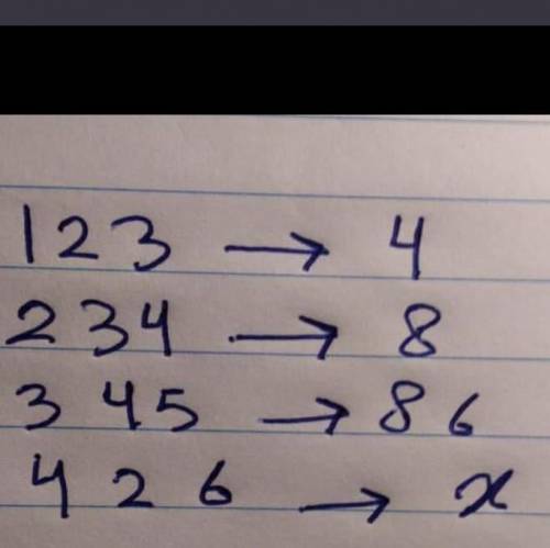 123=4

234=8
345=86 
426=? 
X=? 
I think there is a mistake with this question but if there is no