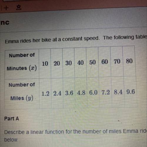 Emma rides her bike at a constant speed. The following table shows her data.

Part A
Describe a li