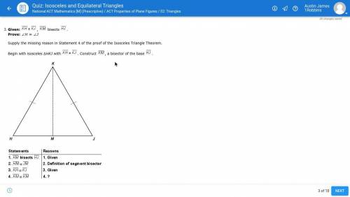 Supply the missing reason in Statement 4 of the proof of the Isosceles Triangle Theorem.