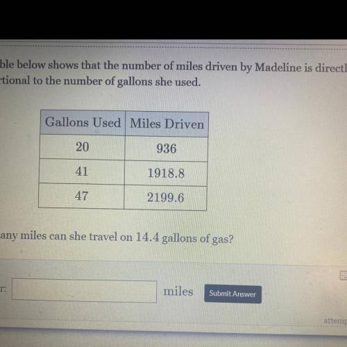The table below shows that the number of miles driven by Madeline is directly

proportional to the
