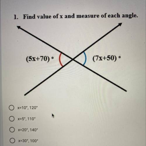 1. Find value of x and measure of each angle.

(5x+70)(7x+50°pls help due today ​
