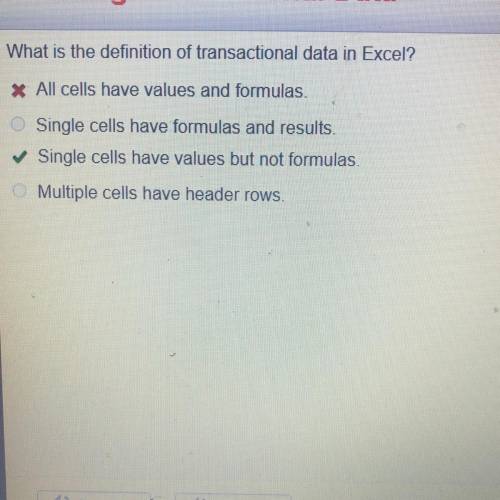 What is the definition of transactional data in Excel?

* All cells have values and formulas.
O Si
