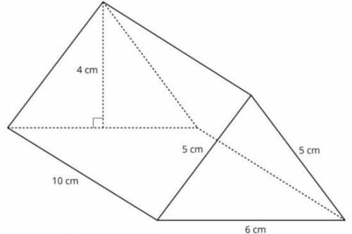 A triangular prism is shown below.

1. What is the volume of the prism, in cubic centimeters?
2. W