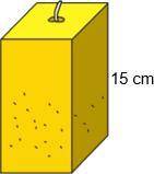 A candle is in the shape of a square prism. The candle is 15 centimeters high, and its volume is 96