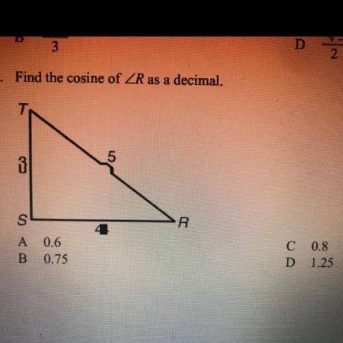 Find the cosine of R as a decimal
