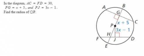 In the diagram, AC = FD = 30,
PG = x + 5, and PJ = 3x - 1.
Find the radius of ⊙P.