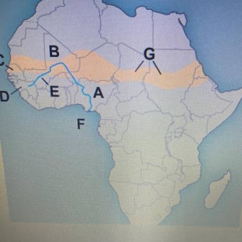 Which country does the letter A on the map represent?
Chad
Ghana
Nigeria
Mali