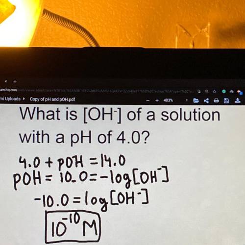 Am I doing this right?
What is [OH-] of a solution
with a pH of 4.0?
Answer in M