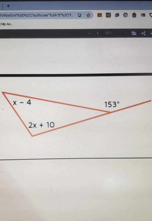 Find the value of X using the Exterior angle theorem, for full credit you may ONLY use the Exterior