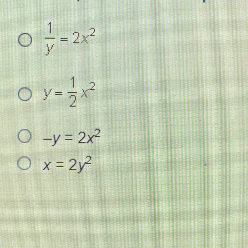 Which equation can be simplified to find the inverse of y = 2x²?

O1/y=2x²
Oy=1/2x²
O-y= 2x²
O x=