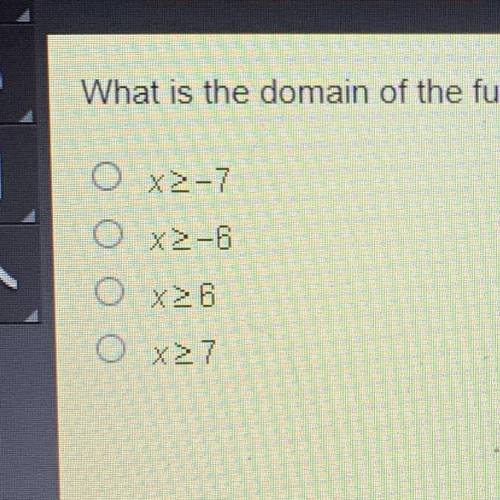 What is the domain of the function y= √x+6 -7?
O x>-7
O x>-6
O x>6
O x>7
