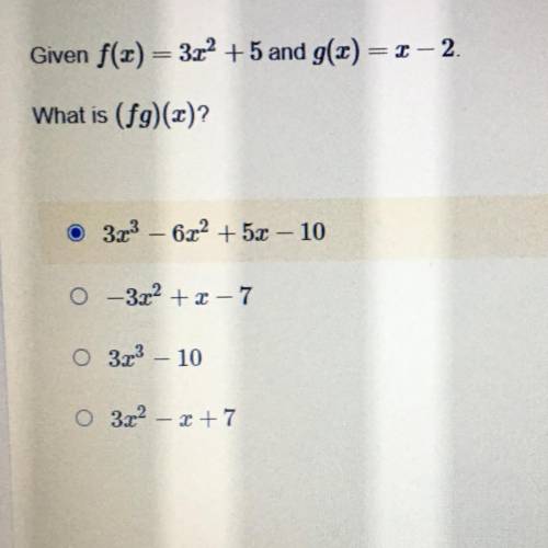 Pls help!! Given f(3) = 3x2 +5 and g(x) = 1 – 2.
What is (f9)(x)?