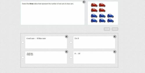 Select the three ratios that represent the number of red cars to blue cars.