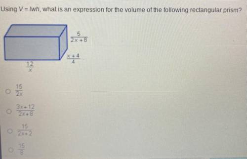 Using V = lwh, what is an expression for the volume of the following rectangular prism?