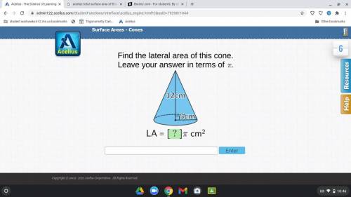 Find the lateral area of this cone, leave your answer in terms of pi. hight-12, radius-5