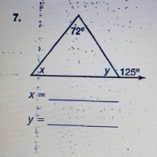 Find the measure of unknown angles.

the shape is triangle. the top is 72° and there is and x and