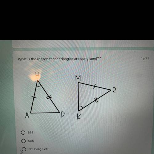 What is the reason these triangles are congruent 
a. SSS
B. SAS
C. not congruent