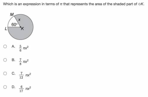 Which is an expression in terms of π that represents the area of the shaded part of ⊙K.

Please he