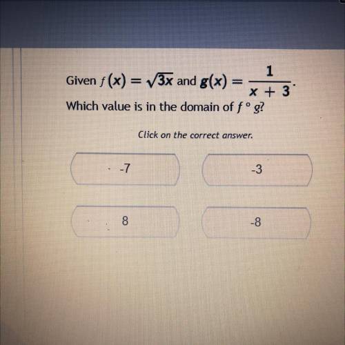 1

Given f (x) = 3x and g(x) =
x + 3
Which value is in the domain of fo
fºg?
Click on the correct