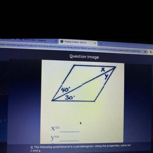The following quadrilateral is a parallelogram.
Using the properties, solve for x and y.